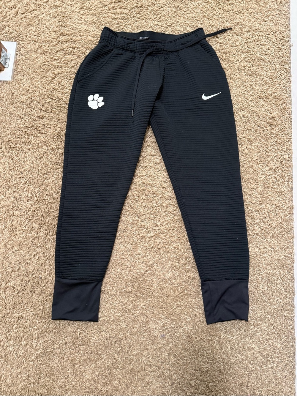 Nike Clemson Black Ribbed Track Joggers with White Paw and Swoosh